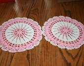 Pair of Vintage Crocheted Round Doily White and Light Pink