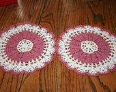 Pair of Vintage Crocheted Round Doily White and Burgundy