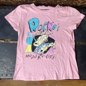 Women’s small sm rocko’s modern life tee t shirt baby pink vintage cartoon 90’s Nickelodeon y2k Millenium hey Arnold ren and stimpy