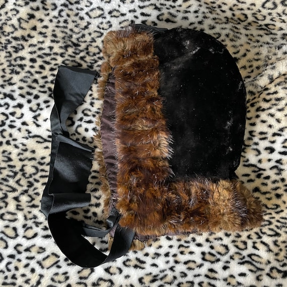 Vintage genuine fur hood brown lace up bow ribbon… - image 7