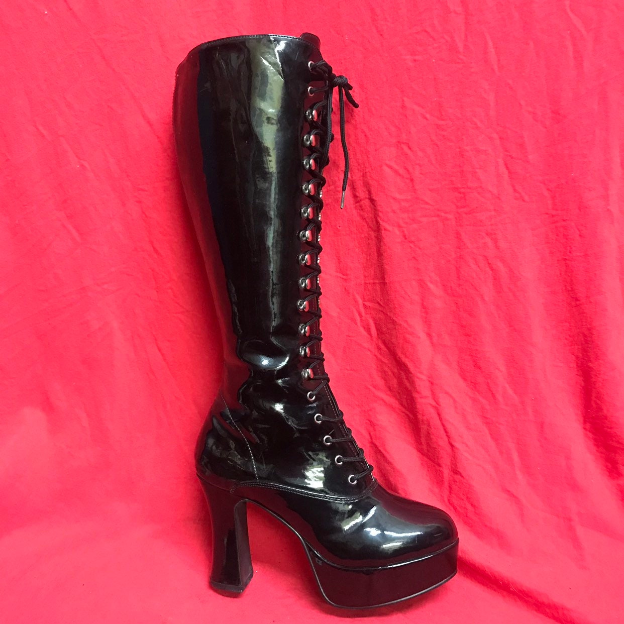 Womens 8 knee high shiny patent leather high heel boots lace Etsy