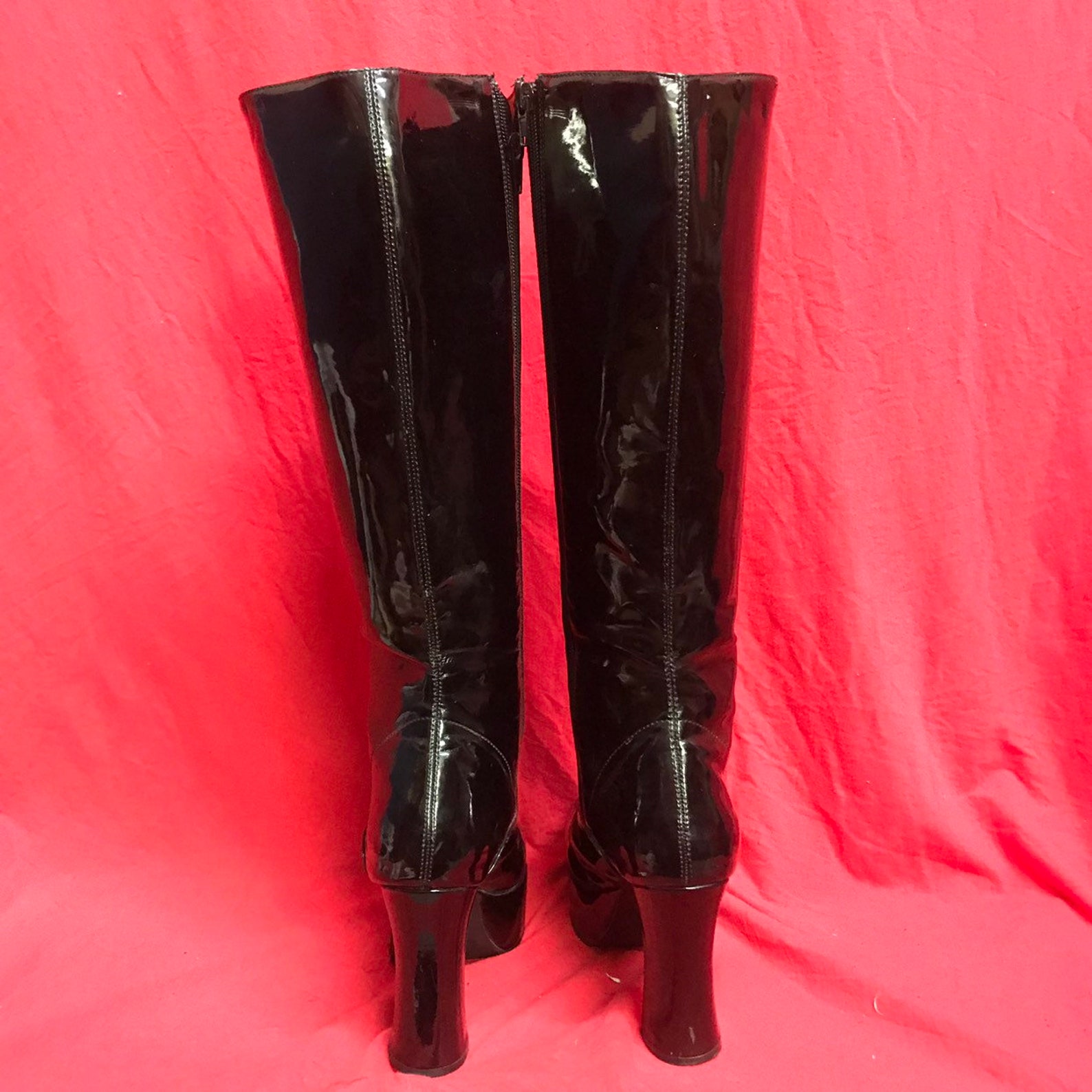 Womens 8 Knee High Shiny Patent Leather High Heel Boots Lace Etsy