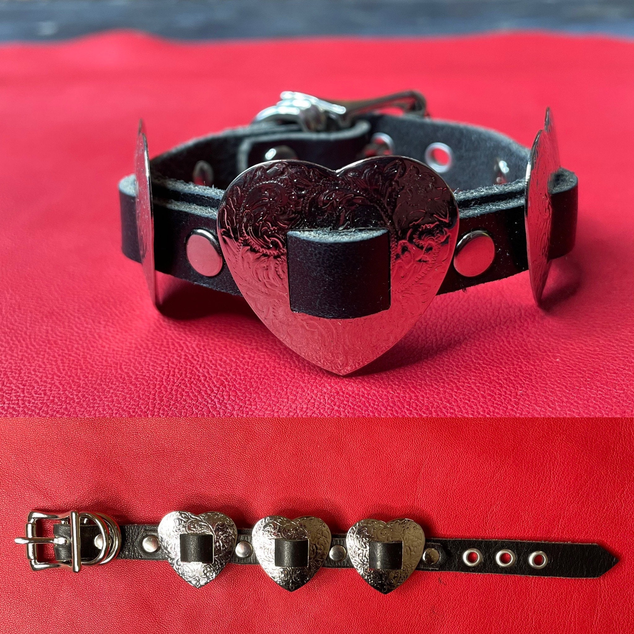 Black two piece leather belt 2 buckles. heart shaped conchos Unbranded Sz M/L Familyhouse Heart Belt Studded Eyelet Belt Punk Leather  main image 3