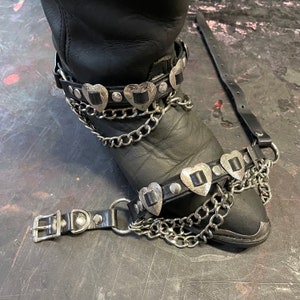 bootstraps boot harness handmade genuine leather heart concho chains cowboy cowgirl western punk goth biker motorcycle fancy o ring silver