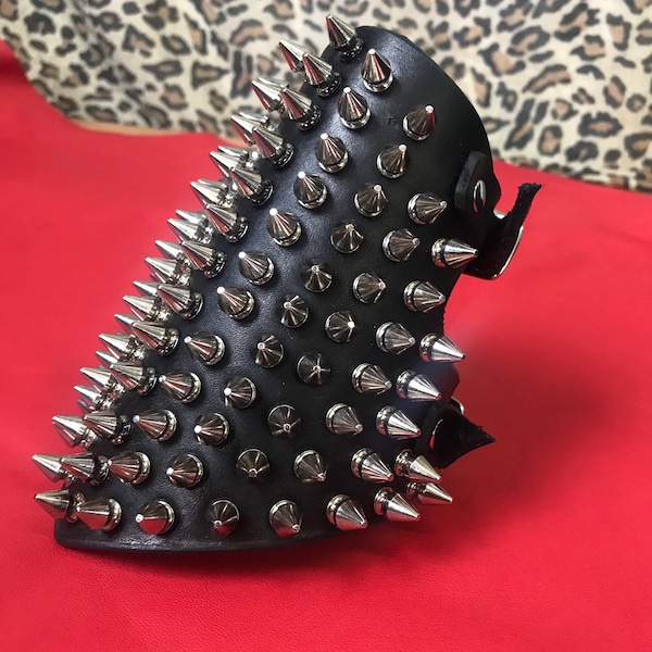 Massive heavily spiked gauntlet genuine leather handmade warrior battle armor heavy black metal cuff bracelet shield weapon studded demon