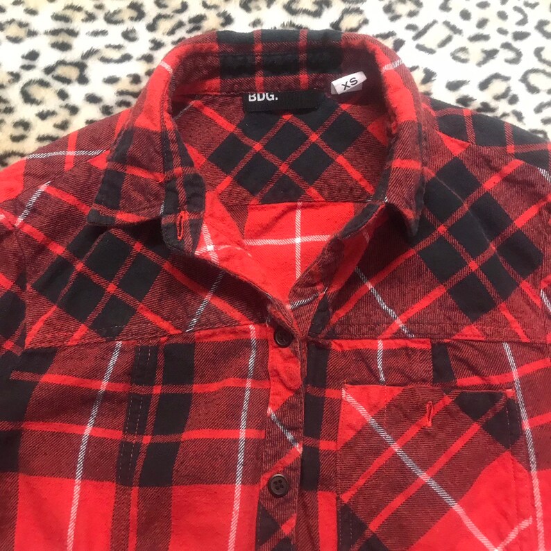 Women\u2019s extra small xs vintage red and black button up long sleeve flannel shirt dress grunge punk thrash metal hip hop skater plaid tartan