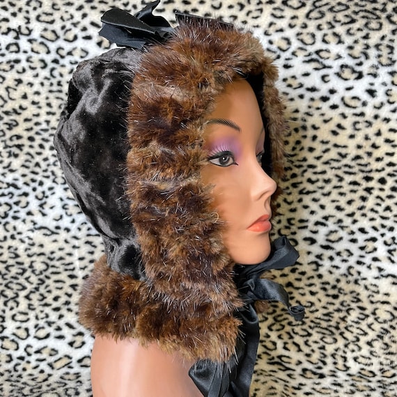 Vintage genuine fur hood brown lace up bow ribbon… - image 1