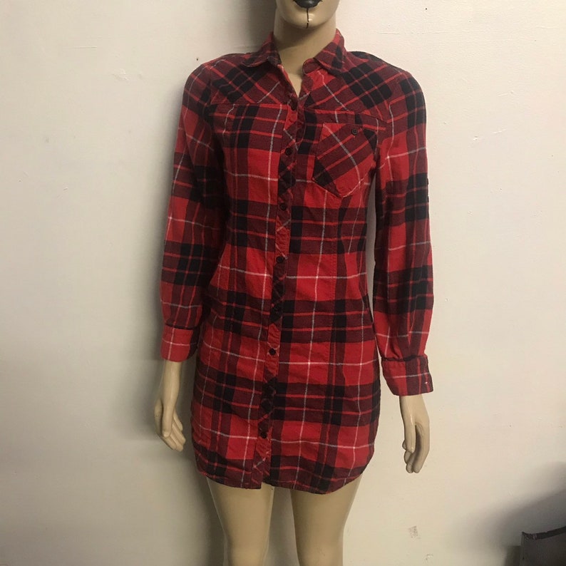 Women\u2019s extra small xs vintage red and black button up long sleeve flannel shirt dress grunge punk thrash metal hip hop skater plaid tartan