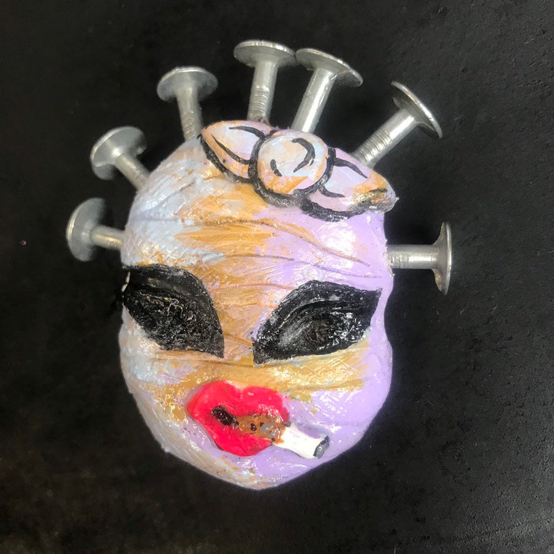 Magnets handmade hand painted molded sculpture silicone case plastic mummy head doll horror toy collectible original artwork nails spikey