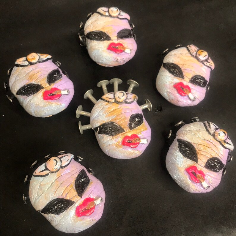 Magnets handmade hand painted molded sculpture silicone case plastic mummy head doll horror toy collectible original artwork nails spikey