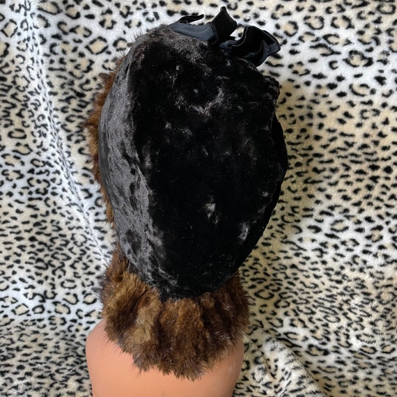 Vintage genuine fur hood brown lace up bow ribbon… - image 6