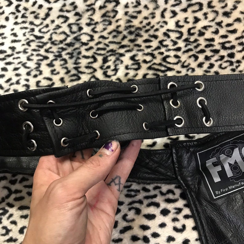 Men\u2019s extra large vintage genuine leather chaps motorcycle biker punk goth Moto heavy duty zipper protective riding gear pants lace up
