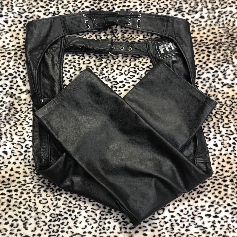 Men\u2019s extra large vintage genuine leather chaps motorcycle biker punk goth Moto heavy duty zipper protective riding gear pants lace up