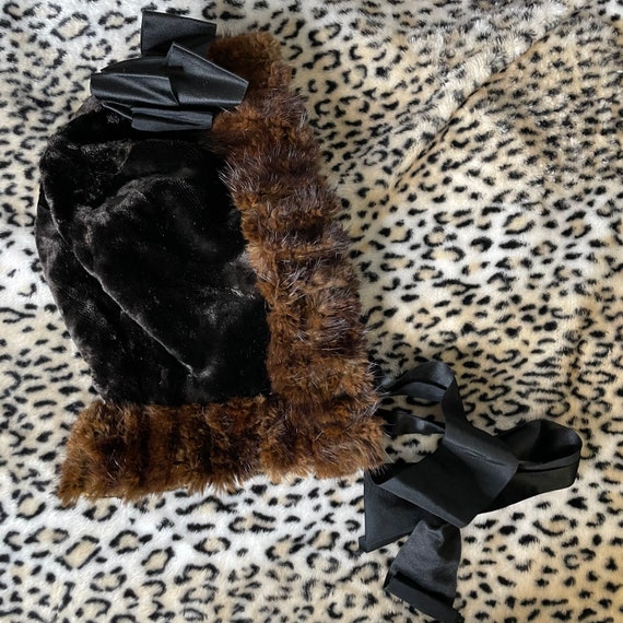 Vintage genuine fur hood brown lace up bow ribbon… - image 9