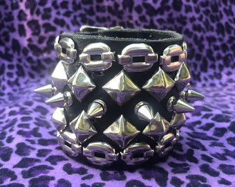 Genuine leather handmade cuff bracelet with pyramid studs spikes chain studs and double buckle straps punk metal biker goth vampire hardcore