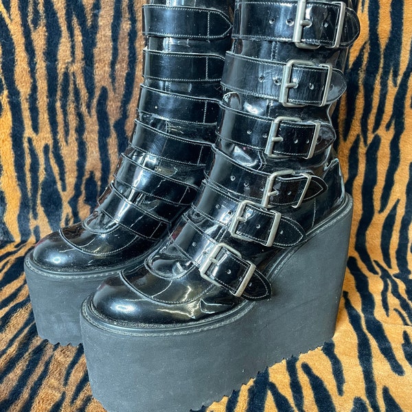 Womens 8 rare vintage deads rock Pennangalin made in uk shiny black vinyl faux leather buckle ankle boots booties cyber goth platform wedge