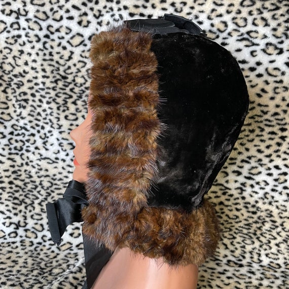 Vintage genuine fur hood brown lace up bow ribbon… - image 4