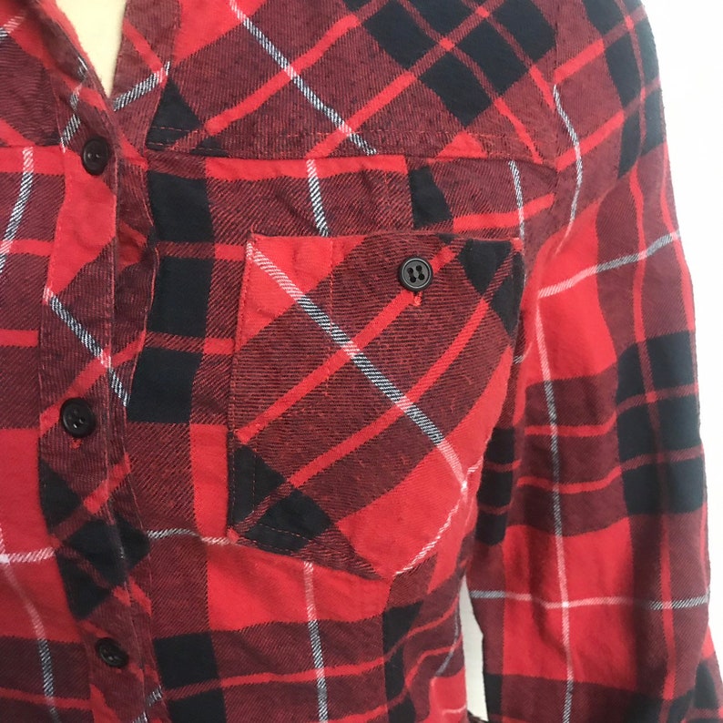 Women\u2019s extra small xs vintage red and black button up long sleeve flannel shirt dress grunge punk thrash metal hip hop skater plaid tartan