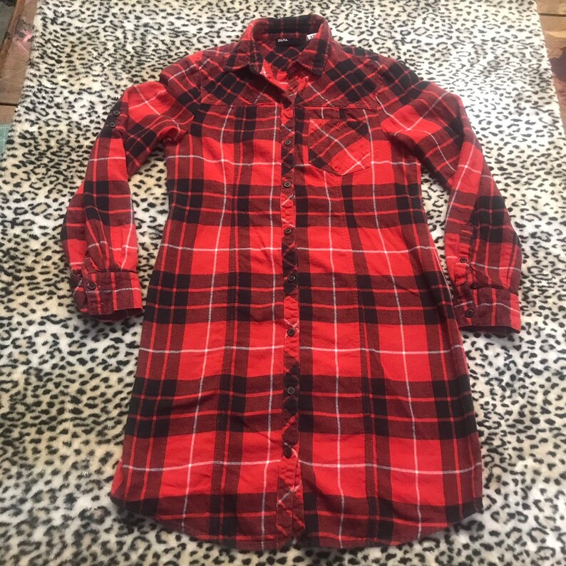 Women\u2019s extra small xs vintage red and black button up long sleeve flannel shirt dress grunge punk thrash metal hip hop skater plaid tartan