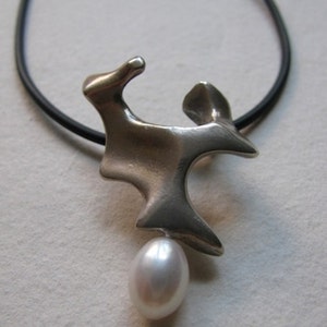Modern, Sculptural, Organic, Sterling Silver Pendant with Natural Pearl