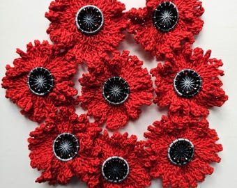 Knitted Poppy Brooch with Dorset Button centres