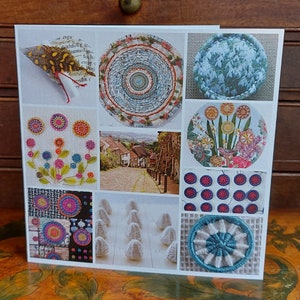 May include: A collage of nine images featuring various embroidery designs. The images include a butterfly, a circular design with a spiral pattern, a row of buttons, a floral design, a street scene, a row of white ceramic objects, and a circular design with a blue and white pattern.