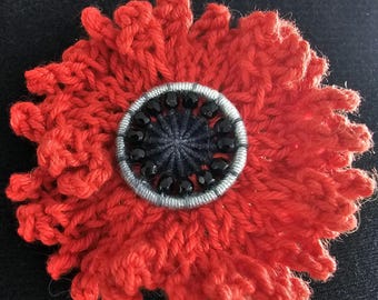 Knitted Poppy Brooch with Dorset Button centres