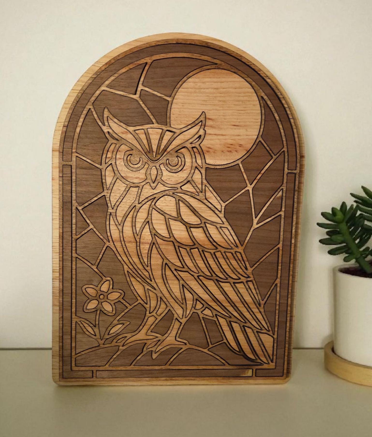 Stained Glass Owl SVG | Layered Mosaic Owl Panel for Laser Cutting | Arched Window Sign File | Glowf