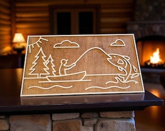 Fishing Line Art SVG – Laser Cut Wall Art File – Rustic Cabin Decor | Man in Canoe Catching Fish Digital Download | Glowforge, Mira, xTool
