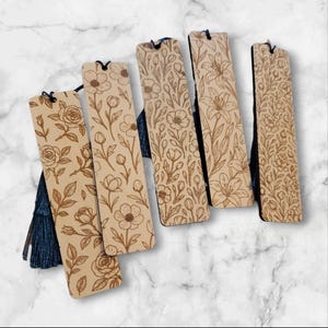 Laser Engraved Floral Bookmark SVG Bundle | Wood Bookmark Engraving Files | Floral Outline Bookmark Cut Files for Glowforge & Laser Cutters