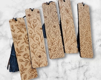Laser Engraved Floral Bookmark SVG Bundle | Wood Bookmark Engraving Files | Floral Outline Bookmark Cut Files for Glowforge & Laser Cutters