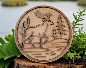 Deer in the Woods SVG | Layered Wildlife Scene Line Art Laser Cut File | Rustic Nature Wall Art Template | Glowforge Digital Download