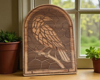 Descarga digital SVG de cuervo gótico / Cuervo de vitral / SVG de corte láser / Archivo de corte láser de arte de mosaico de madera