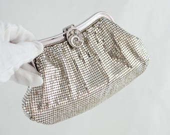Whiting & Davis Co. Mesh "Cocktail Clutch" - Silver Rhinestone Clasp - Original Box and Mirror