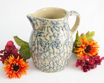 Robinson Ransbottom Blue Roseville Spongeware Pitcher 6"