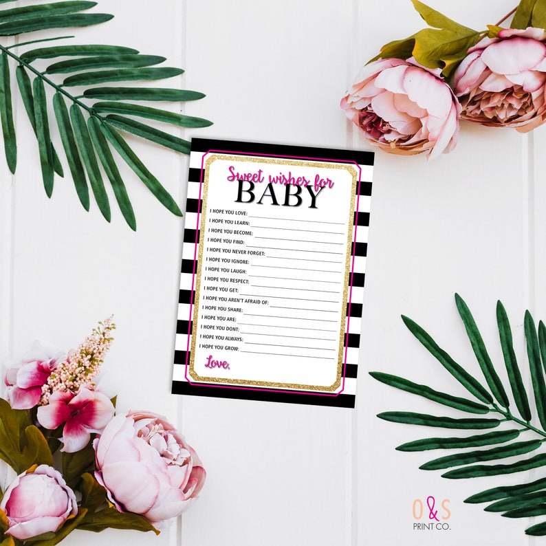 Juego de baby shower, Dulces deseos para bebé / DESCARGA INSTANTE / niño o niña, tarjeta imprimible, bricolaje, inspirado en pala, rayas blancas negras oro rosa imagen 1