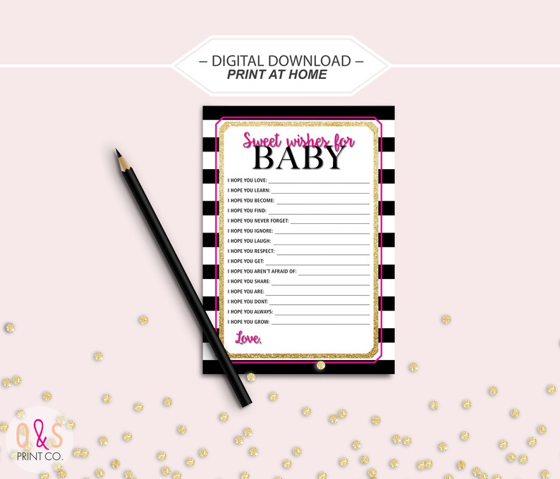 Juego de baby shower, Dulces deseos para bebé / DESCARGA INSTANTE / niño o niña, tarjeta imprimible, bricolaje, inspirado en pala, rayas blancas negras oro rosa imagen 2