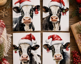 Holstein Christmas Greeting Card Variety Pack, Cow Christmas Cards, Black & White Cow Cards, Cow Lover Gift, Cow in Santa Hat
