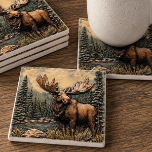 May include: A set of square ceramic coasters featuring a raised relief illustration of a brown moose standing in a forest landscape with pine trees and a river. One coaster supports a speckled white ceramic mug filled with dark coffee.