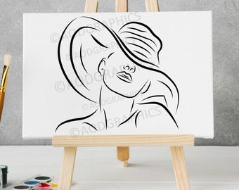 Woman in Hat Line Art, Paint & Sip Vector (Digital Download)