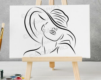 Woman In Hat Clip Art, Paint & Sip Woman In Hat Vector, Printable Line Art