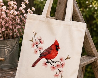 Cardinal Bird Tote Bag, Red Cardinal Canvas Tote, Spring Blossom Bird Bag, Bird Lover Gift for Women, Nature Inspired Shopping Tote