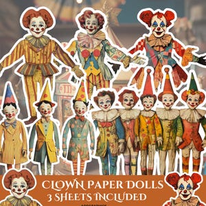 Conjunto de download digital de palhaços de boneca de papel, impressão e corte