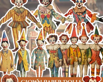 Muñecas de papel de payasos vintage, artículos de colección de payasos de circo, kit para diario creativo de circo, suministros para diario creativo, imprimibles de muñecas de papel, payasos divertidos