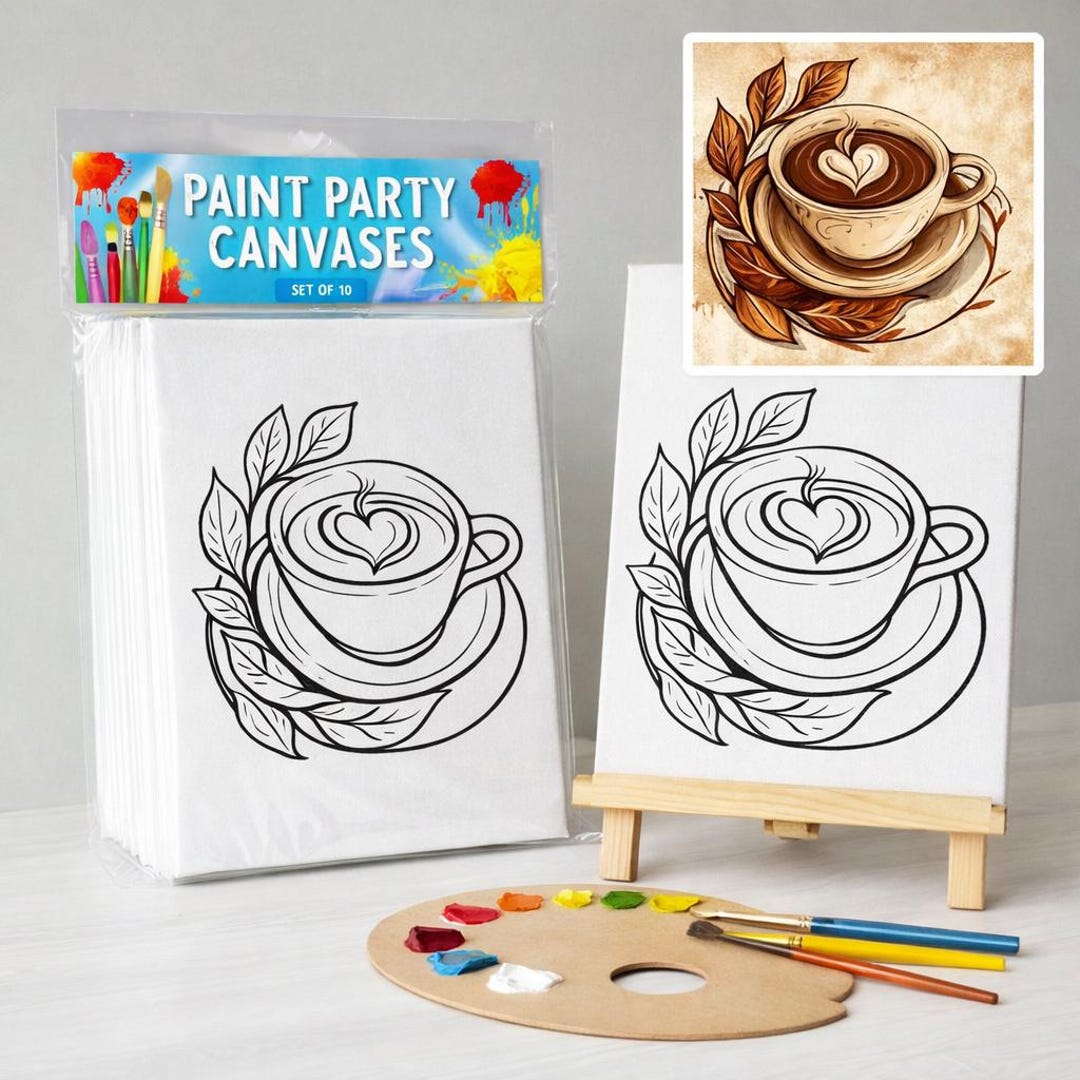 Coffee Paint Party Kit on 8x10 Canvas, Pre Drawn Coffee Cup Canvas Set ...