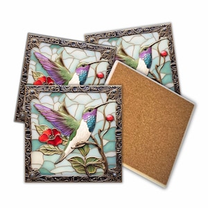 Hummingbird Coaster Set – Stained Glass Style – Set of 4 Ceramic Coasters with Cork Backing