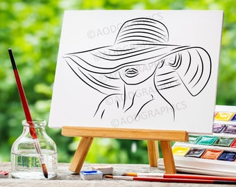 Line Art Stencil, Paint & Sip, Woman In Hat Vector, Printable Coloring Page