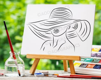 Plantilla de arte lineal, pintura y sorbo, vector de mujer con sombrero, página para colorear imprimible