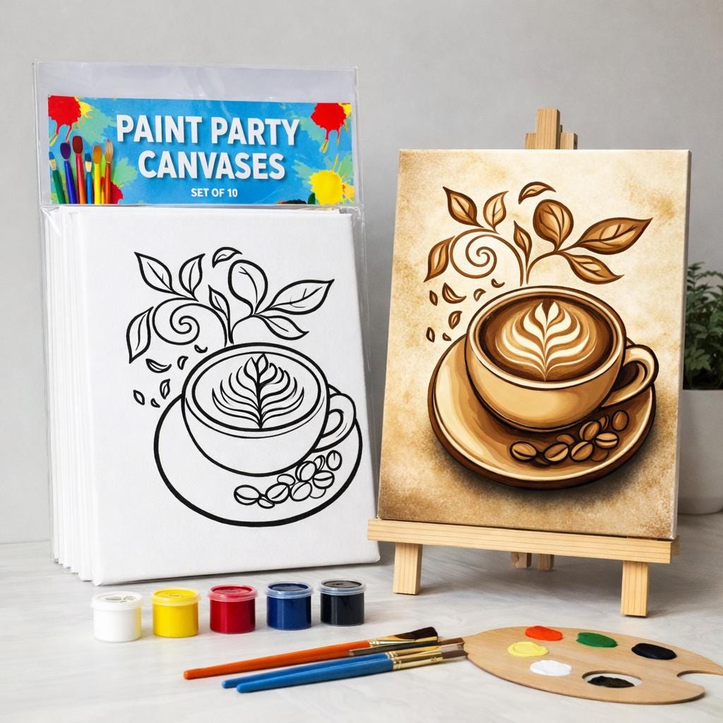 Coffee Paint Party Kit on 8x10 Canvas, Pre Drawn Coffee Cup Canvas Set ...