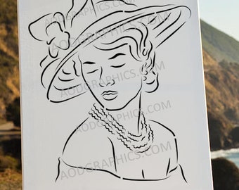 Hat Lady1 Stencil, Lady In Fancy Hat Stencil, Paint Party Stencil, DIY Canvas Painitng